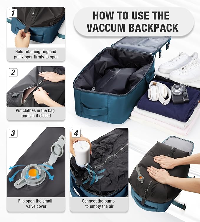 VECAVE Vacuum Travel Backpack with Pump for Women, Personal Item Carry on Backpacks Flight Approved for Men,Laptop Waterproof Work Compression bags Casual Daypack(Blue)