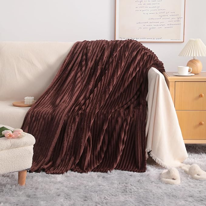 NTBAY Plush Flannel Twin Bed Blanket, 60X80 Inches Soft and Warm Lightweight Blanket with Striped Texture Bed Blanket for Couch Sofa Bed All Seasons, 60"x80", Brown