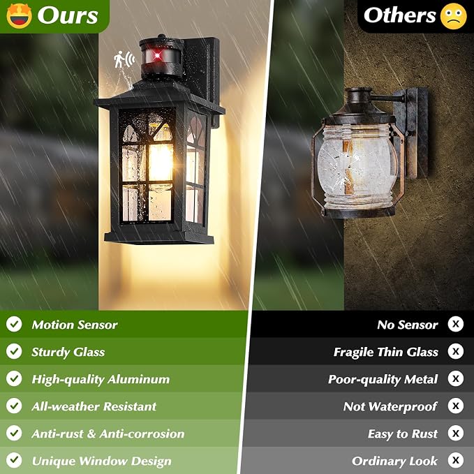 2-Pack Motion Sensor Outdoor Wall Lights, Modern Porch Lights | Auto ON/OFF, 3 Lighting Modes, Waterproof, Rust-Resistant, Aluminum Frame & Sturdy Glass, Easy to Install
