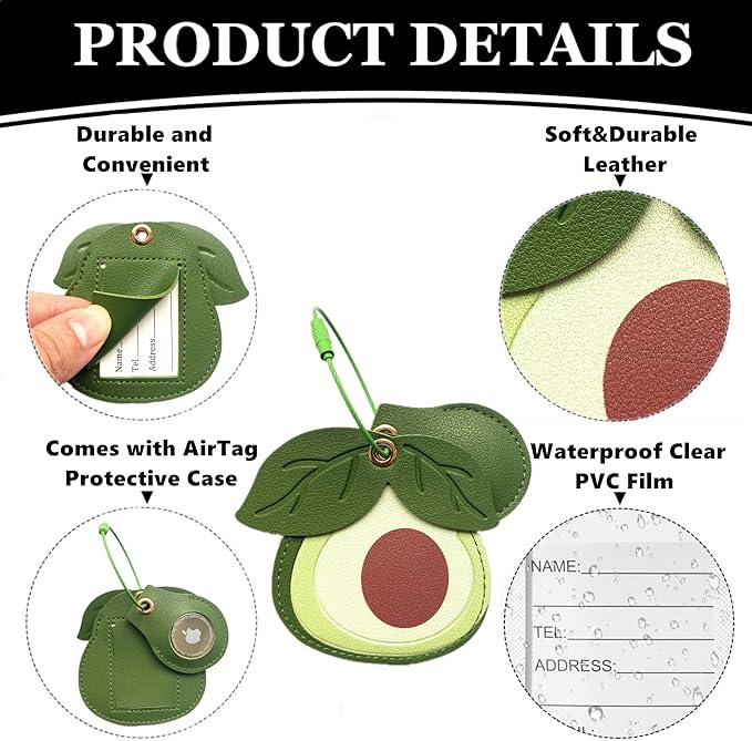 Cute Leather Luggage Tag Holder with Airtag Case Set,Hidden Compartment for AirTag Travel Suitcase Tracking Case with Stainless Steel Loop,Name ID Label(Avocado)