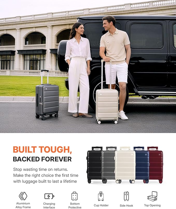 20IN Carry On Luggage,Top Opening Aluminum Frame Hardside 100% PC Airline Approved Suitcase -with TSA Lock,Cup Holder,USB Charge,Side Pothook, 360°Spinner Wheels-Black
