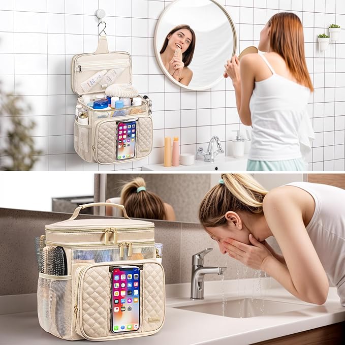 Large Leather Toiletry Bag for Women Men,Bathroom Bag,Water Resistant Shower Bag,Makeup Bag,Portable Shower Caddy for College Dorm,Hanging Travel Toiletry Bag with Transparent Waterproof Phone Pocket