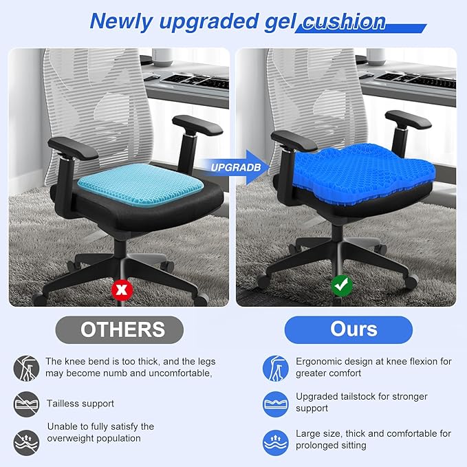 Thicken 19.7in Seat Cushion, Gel Seat Cushion for Long Sitting–Office Chair, Wheelchair, Car Cushion, Large Cooling Pad for Back Pain, Sciatica, Tailbone Pain Relief