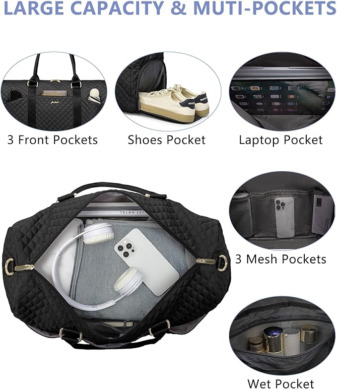 Women Weekender Travel Duffle Bag: Travel Duffel Overnight Bags with Shoe Compartment Large Carry on Tote with 2 Toiletry Bags Weekend Traveling Yoga Gym Hospital Bag for Womens with Wet Pocket Black