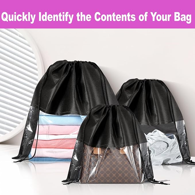 12 Pcs Shoe Bags for Travel, Dust Bags for Handbags, Dustproof Drawstring Bags in 4 Size, Breathable Non Woven Fabric Storage Bag for Handbags Shoes Purses, Black
