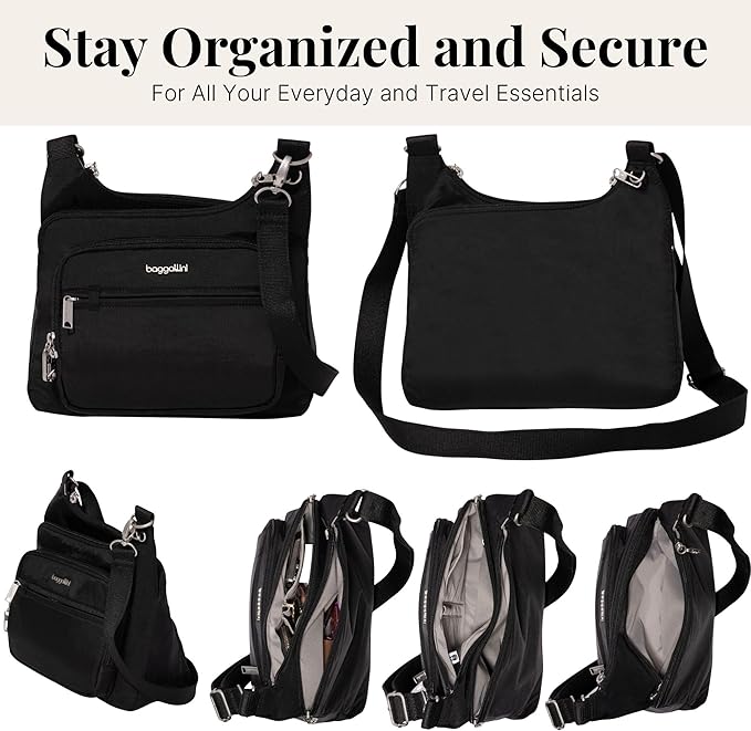 Baggallini Securtex Anti-theft Crossover Crossbody Bag 11”w X 8.5”h, Rfid, Built-in Wallet, Locking Zippers