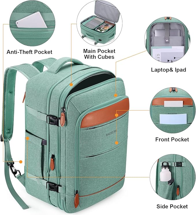 Bagsure Travel Backpack Carry On Backpack 42L Flight Approved, Expandable Laptop Backpack with Packing Cubes & Shoe Pocket, Water Resistant Luggage Backpack for Men Women, Large Backpack 20 * 14 * 7"