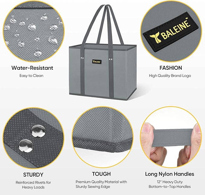 BALEINE 3Pk Reusable Grocery Bags, Foldable Shopping Bags for Groceries with Reinforced Bottom & Handles (Gray)