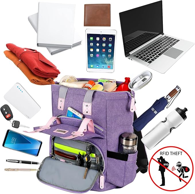 FALANKO Laptop Backpack for Women, Anti Theft Backpacks with RFID Anti Theft Water Resistant,Wide Top Open Work Teacher College Travel Computer Bag for Woman Fits 15.6 Inch Laptop