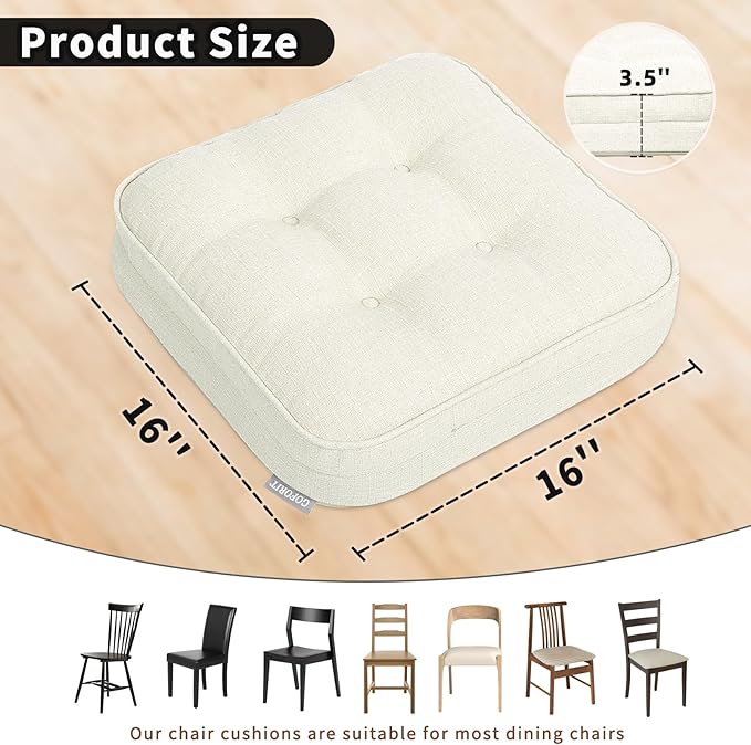 GOFORIT Memory Foam Cushion，Square Seat Cushions for Dining Chairs,Non-Slip Chair Pads with Removable Cover, 16'' x 16'',4 Pack, Off White