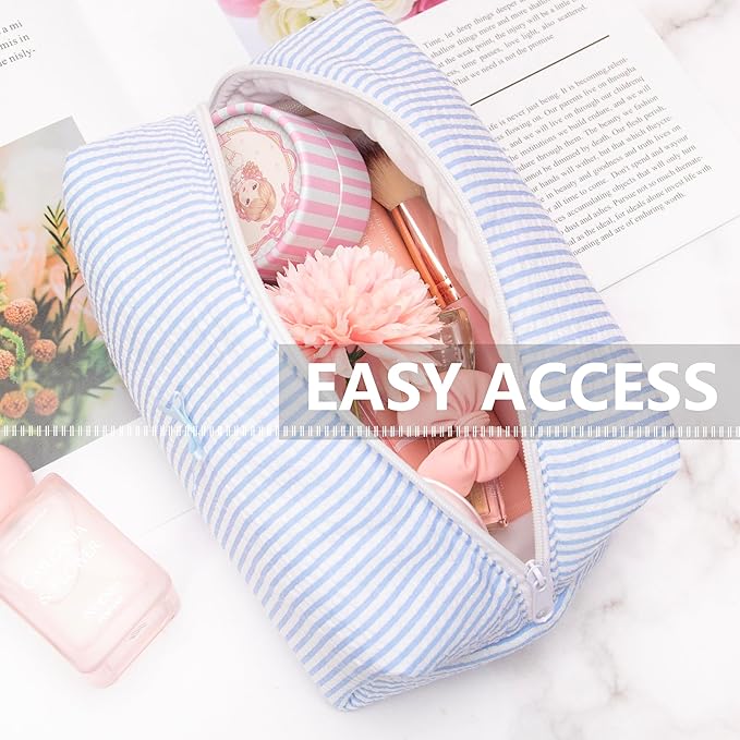 PAZIMIIK 2PCS Cozy Makeup Bag Travel Cosmetic Bag for Women Soft Toiletry Bag Aesthetic Makeup Organizer Portable Large Zipper Pouch for Skincare Beauty Accessories Brushes Stripe Blue