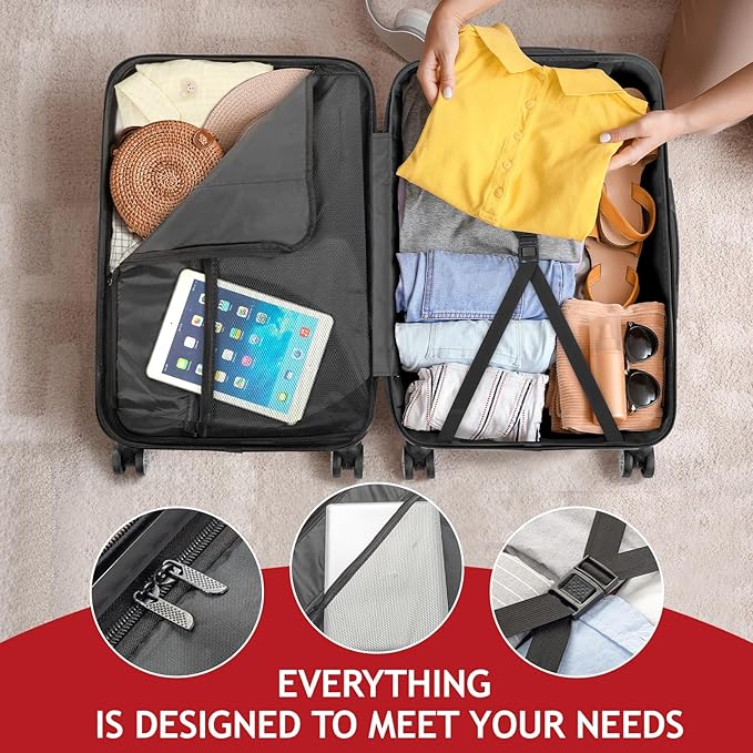 Karl home Luggage Set of 3 Hardside Carry on Suitcase Sets with Spinner Wheels & TSA lock, Portable Lightweight ABS Luggages for Travel, Business - Red (20/24/28)