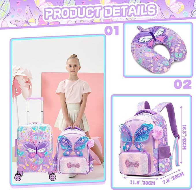 Kid's Luggage Set 5 Piece Suitcase Set 16" Hardside Luggage with Spinner Wheels Girls Carry on Toddler Travel Rolling Suitcase with Neck Pillow Airline Approved