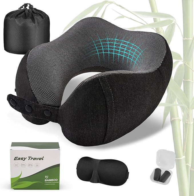 Neck Pillow for Traveling, Travel Pillows for Airplanes,100% Pure Memory Foam Travel Neck Pillow, Adjustable Flight Pillow, Portable Plane Accessories with Eye Mask, Earplugs, Carry Bag