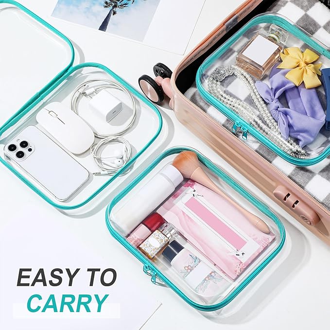 Sanwuta 6 Pcs Clear Hard Zipper Case Plastic Zipper Pouches Transparent Makeup Bag Pencil Case Pouches Toiletry Diaper Bag for Travel Toy Storage Organizer Bins(Teal,9.84 x 7.87 x 2 Inch)