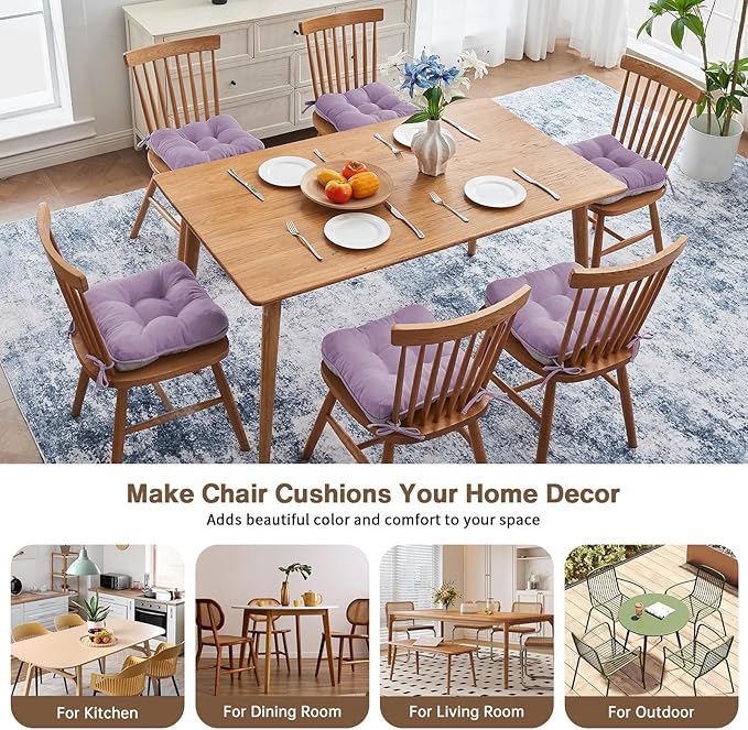 BETU Chair Cushions for Dining Chairs Set of 6,3.5" Thick Kitchen Table Chair Pads with Ties,Non Slip Backing and Covers, Seat Cushion for Dining Room,Bar,Patio Chairs,16"X16"X3.5",Purple