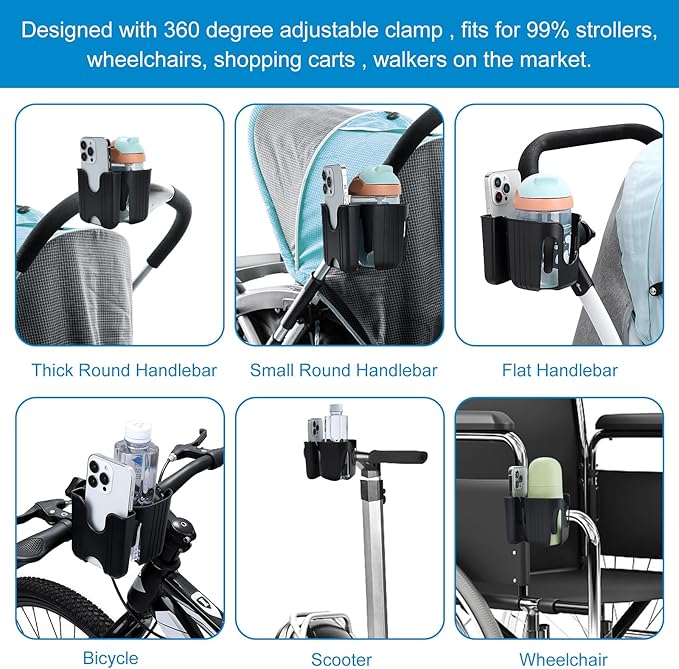 Accmor Universal Cup Holder, Stroller Cup Holder, 360° Rotatable Large Caliber Designed Bottle Holder for Stroller, Bike, Wheelchair, Walker, Scooter