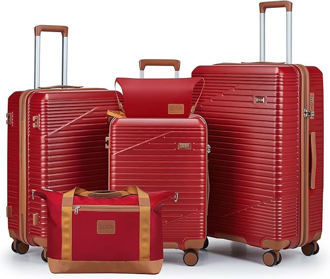 Luggage Sets 3 Piece, Hard Shell Carry on Suitcase with Spinner Wheels and TSA Lock, Travel Lightweight Luggage Set with YKK Zippers (Red, 5 piece sets（20/24/28/DB/TB)