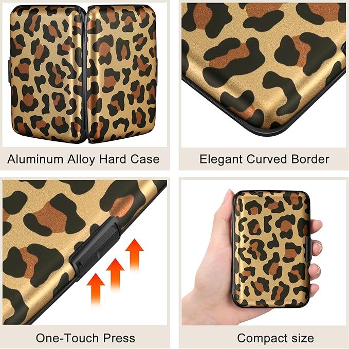 ELFISH Mini RFID Aluminum Wallet Credit Cards Holder Business Card Case Metal ID Case for Men Women（Leopard