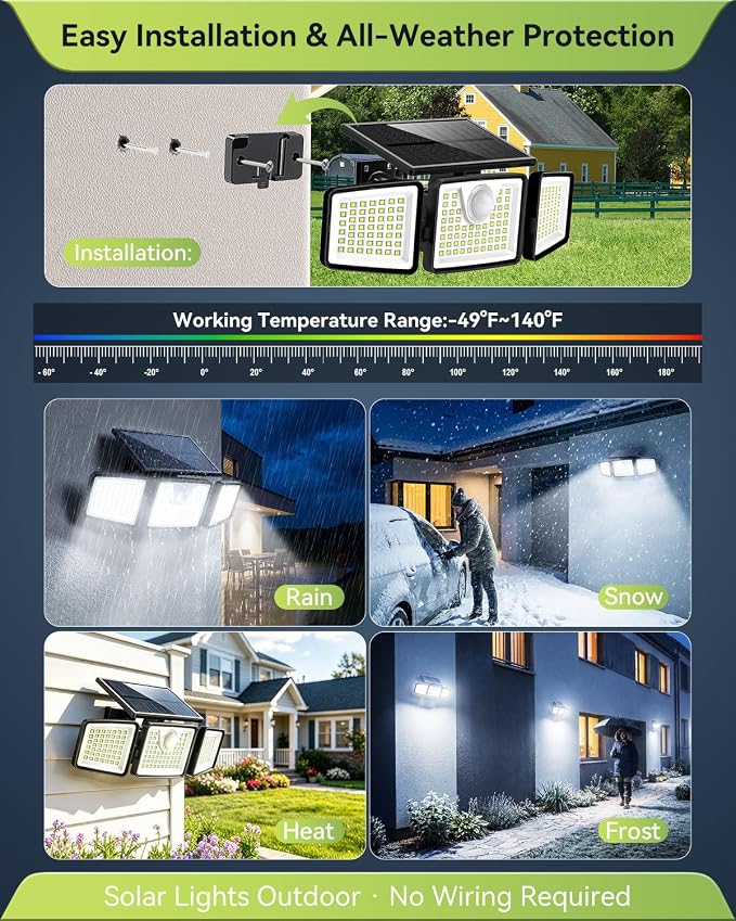 daphino 2500LM Solar Lights, Motion Sensor Outdoor Lights, 3-Head, 2 Pack | 270° Wide-Angle Street & Area Coverage, IP65 Waterproof Security Lighting, 3 Lighting Modes, Non-Remote