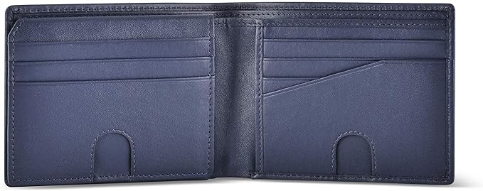 Mens RFID Blocking Bifold Wallet Napa Top Grain Leather, Secure and Durable Extra Capacity Billfold with 11 Credit Cards & Flip Up ID in Storm Cloud Blue with Tight Stitching, Quick Thumb Push Access