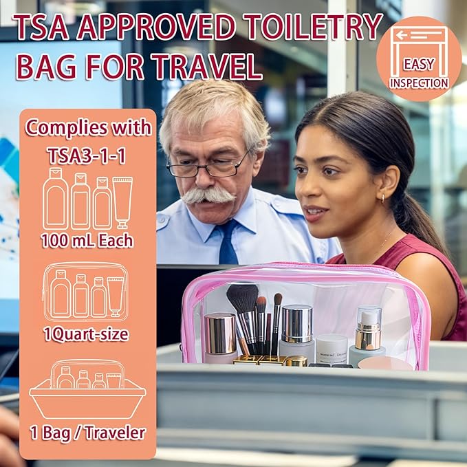 6 Pieces Clear Makeup Bags Bulk, TSA Approved Toiletry Bag PVC Cosmetic Toiletries Pouch with Zipper, Waterproof Vinyl Plastic Organizer Case for for Women Carry-on Travel Essentials (Pink)