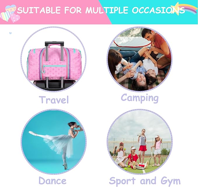 Kids Duffle Bag Girls Travel Bag Gifts Overnight Sleepover Bags for Girls Women Tote Gym Dance Bags for Kids with Shoes Compartment Pink