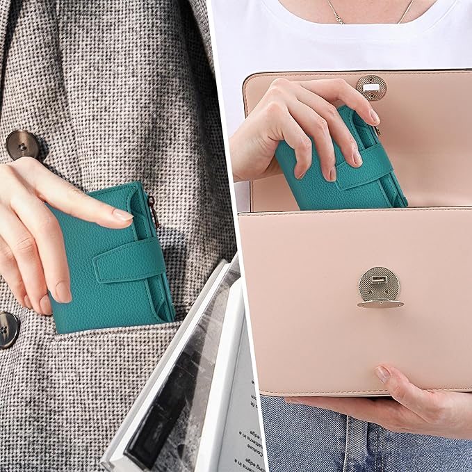Airkit Small Wallet Women RFID Blocking Leather Bifold Compact Card Holder Wallet for Women with Zipper Coin Pocket 4 ID Window