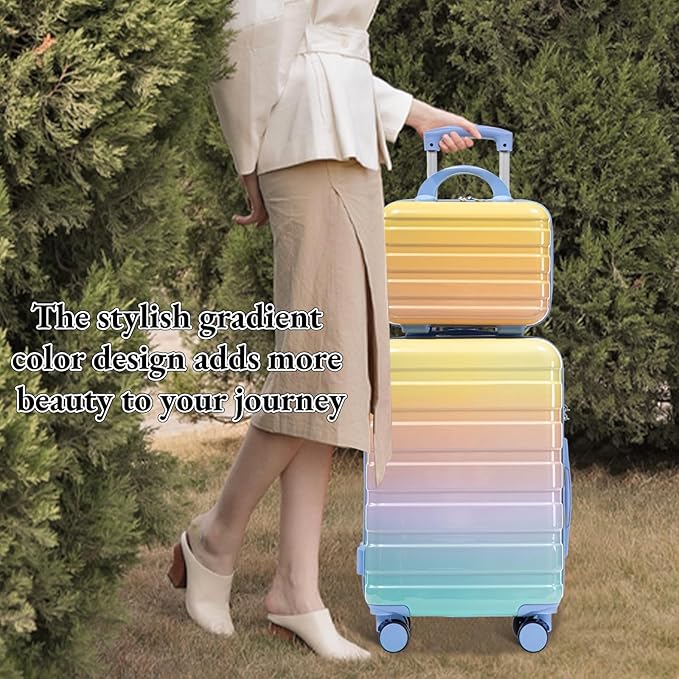 Gradient Yellow-Lake Blue Luggage Set 14" & 20" - 2 Piece PC Spinner Wheel Suitcases with Combination Lock, Lightweight Carry On for Business & Vacation