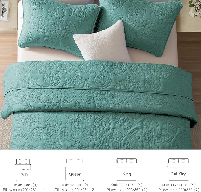 Whale Flotilla Cal King Quilt Set Vintage Damask Reversible Bedspread | Suitable for Bed, 3 Pieces Turquoise Green Lightweight Breathable Oversized Quilts, Ultrasonic Coverlet with 2 Pillow Shams