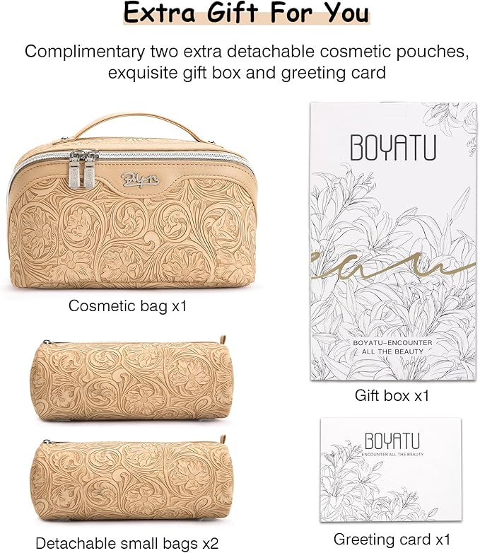 BOYATU Travel Makeup Bags Cosmetic Organizer Bag: 3 Pcs Set Large Capacity Floral Make up Bag with Compartments - Waterproof Leather Toiletry Bags with Handle for Women (17-Apricot)