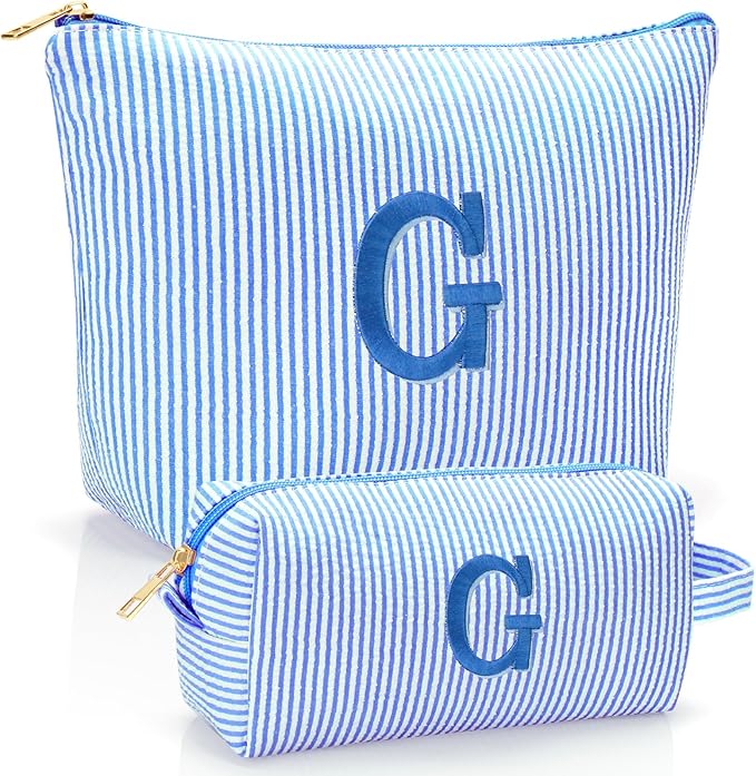 Personalized Initial Makeup Bag,Toiletry Travel Cosmetic Bag,Trendy Stuff for Teen Girls and Women,Holiday & Birthday Gift,2 Pack (G, Blue)