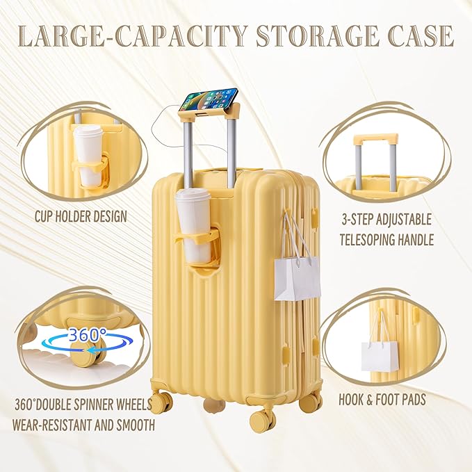 Luggage Set,3 Piece Suitcase with Spinner Wheels, Suitcase with Lock Cup Holder Phone Holder,Carry On Luggage Easy Travel for Men and Women,Yellow