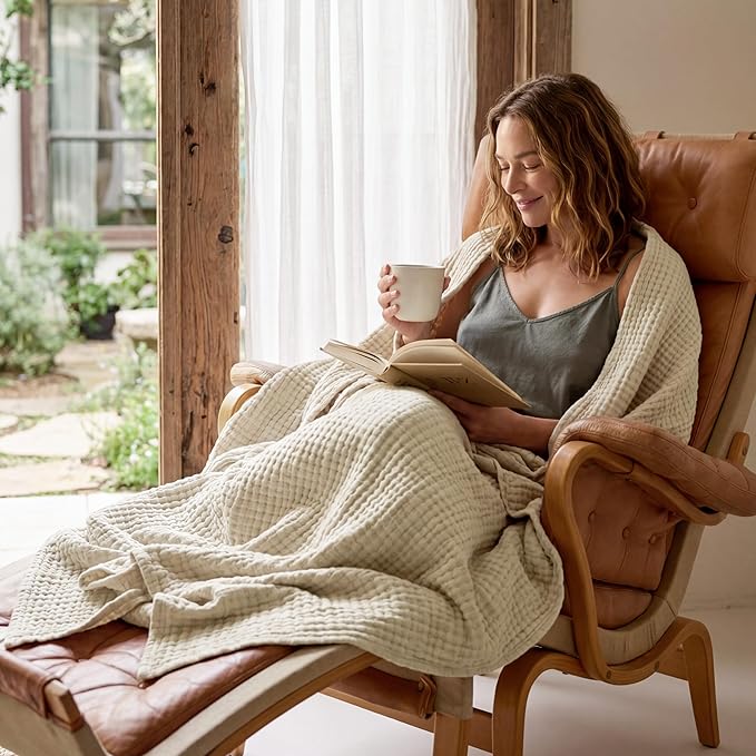 Bedsure 100% Cotton Muslin Throw Blanket Twin XL for Bed - 4-Layer Breathable and Lightweight Thin Soft Summer Gauze Muslin Blankets for Adults, Linen Beige, 66x90 Inches