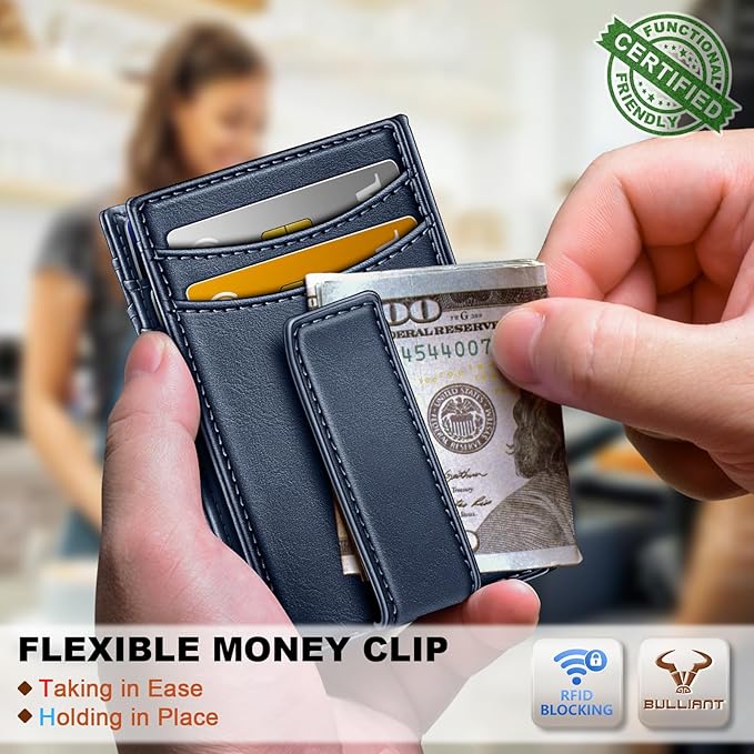 BULLIANT Magnetic Closure Slim Wallet-Genuine Leather Front Pocket Wallet for Men,RFID Blocking,Holds 12 Cards and Money Clip