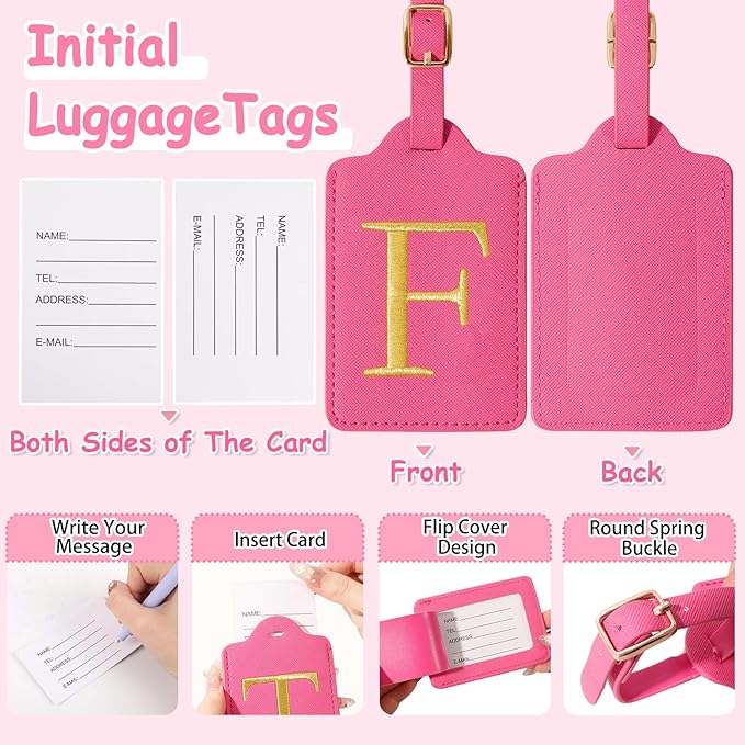 Initial Letter Luggage Tags for Suitcases, Embroidered Monogrammed Suitcase Luggage Identifier Name Tag, PU Leather TSA Approved Luggage Tags, Bag Tags for Men Women Kids Luggage Handbags(Rosered F)