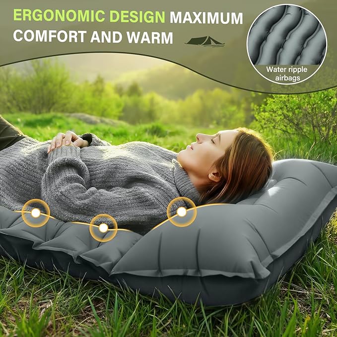 Camping Sleeping Pad, Ultralight Camping Mat with Pillow Built-in Foot Pump Inflatable Sleeping Pads Compact for Camping Backpacking Hiking Traveling - Gray