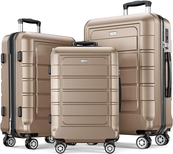 SHOWKOO Luggage Sets Expandable 100% PC Durable Suitcase Double Wheels TSA Lock 3pcs, Champagne
