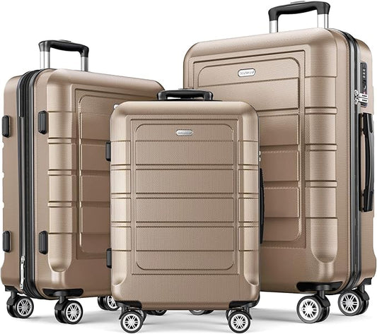 SHOWKOO Luggage Sets Expandable 100% PC Durable Suitcase Double Wheels TSA Lock 3pcs, Champagne