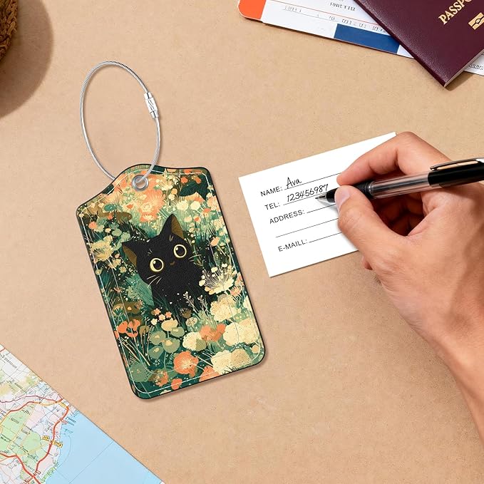 2 Pack PU Leather Luggage Tags for Suitcases, Privacy Protection Cover with Stainless Steel Loop and Address Card, Travel Cruise Essentials (Flower Cat)
