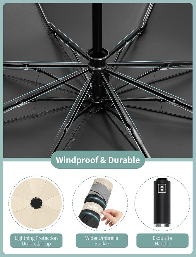 Seniny Inverted Travel Umbrella Compact - Windproof Umbrellas for Rain with Reflective Strip, Large UV Umbrella for Sun Protection, Automatic Portable Umbrellas Fold in Reverse for Car, Backpack
