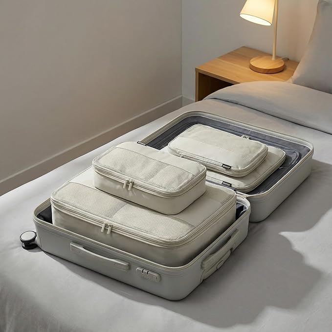 4 Piece Compression Packing Cubes for 3–7 Day Travel, Lightweight Travel Organizers with Breathable Mesh, Double-Zipper Packing Cubes for Carry-On & Suitcases (Off White)