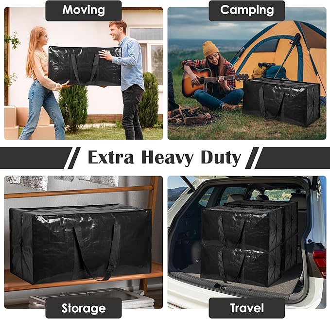 6 Pack Extra Large Heavy Duty Moving Bags with Reinforced Zipper & Wide Handles, Moisture-Resistant Storage Bins Packing Cubes for Clothes, College Dorm, Travel, and Home Organization, Black