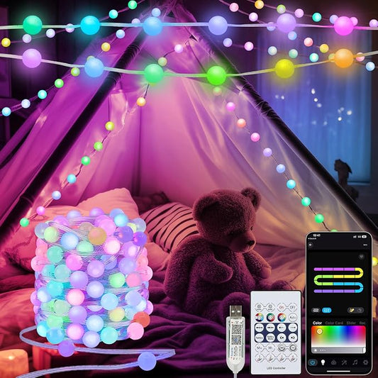 Smart Color Changing Globe String Lights APP Control for Bedroom Christmas | 33Ft 66LED, 16 Million Colors, Remote, Music Sync, Timer, Twinkle Lights for Classroom Dorm Christmas Gift Decor, USB Plug
