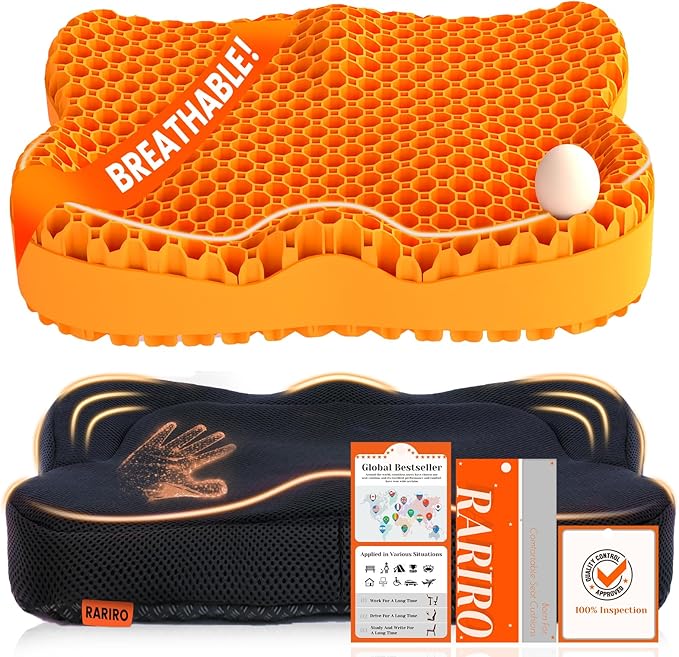 Thickened Gel Seat Cushion, Egg Gel Chair Pads for Wheelchair Pressure Coccyx Sciatica Pain Relief, Cooling Desk Seat Cushion for Kayak, Car, Office Chair Long Sitting[Orange-2.75"]