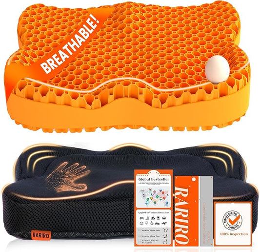 Thickened Gel Seat Cushion, Egg Gel Chair Pads for Wheelchair Pressure Coccyx Sciatica Pain Relief, Cooling Desk Seat Cushion for Kayak, Car, Office Chair Long Sitting[Orange-2.75"]