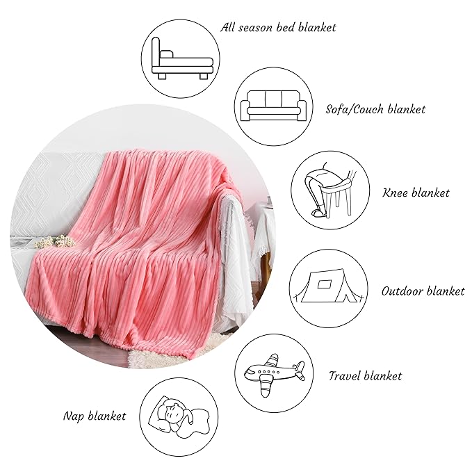 NTBAY Plush Flannel Twin Bed Blanket, 60X80 Inches Soft and Warm Lightweight Blanket with Striped Texture Bed Blanket for Couch Sofa Bed All Seasons, 60"x80", Pink
