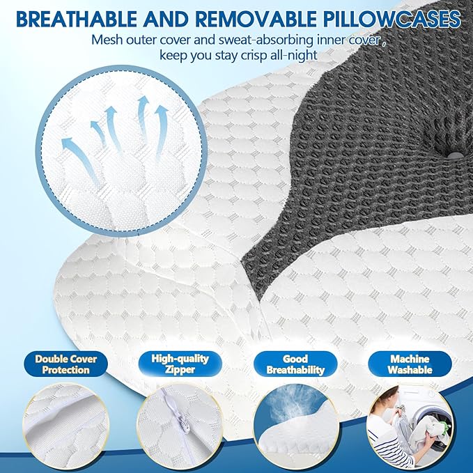 Memory Foam Pillows, Cervical Pillow for Neck and Shoulder Pain Relief, Ergonomic Contour Bed Pillow, Soft for Side Sleep Stomach Sleeping and Back Sleeper-Queen Size&Grey