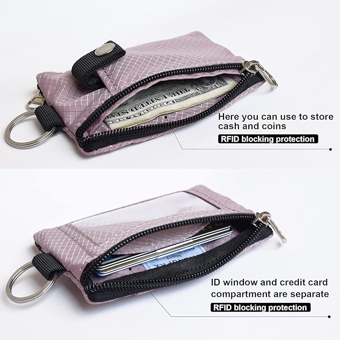 CHENSPRX Minimalist RFID Blocking Small Wallet with ID Window,WaterResistant Zip Id Case Wallet with Lanyard Keychain for Cards,Cash,Travel,Women,Men
