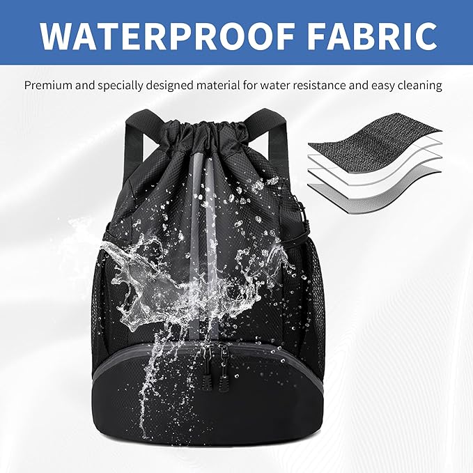 Drawstring Backpack Gym Bag with Shoes Compartment for Soccer, Basketball, Swim, Water-Resistant String Backpack Beach Cinch for Women Men
